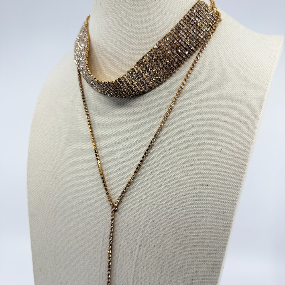 VTG Gold Tone Rhinestone Wide Choker & Lariat Y-Necklace Layered Statement Set - Picture 7 of 11